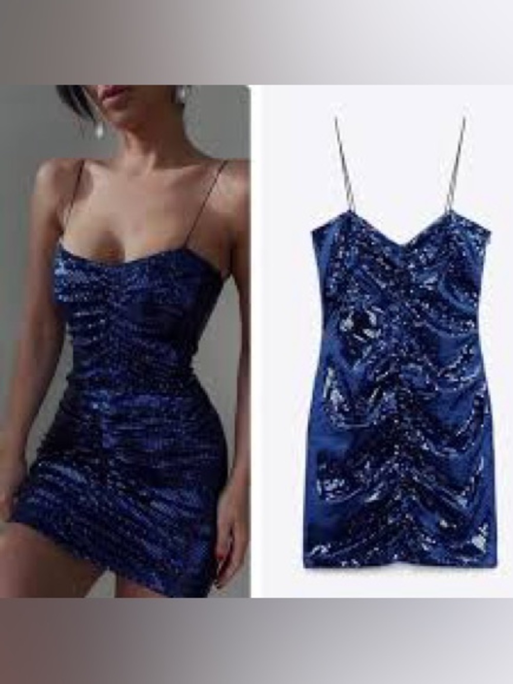 NWT; 🔹Zara Blue Sequin ruched Spaghetti-Strap Mini Dress🔷